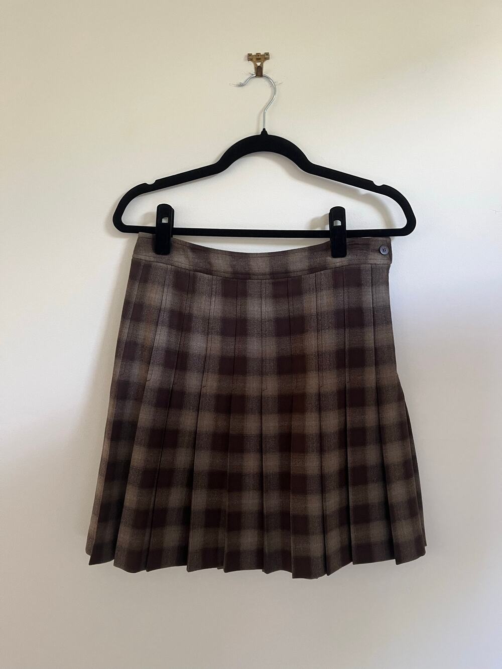 Vintage 90s Calvin Klein Plaid Pleated Wool Mini Skirt Brown Check Sz 2